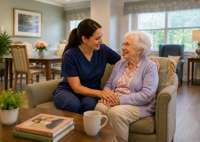 Caring staff with resident at The Waters of Rising Sun